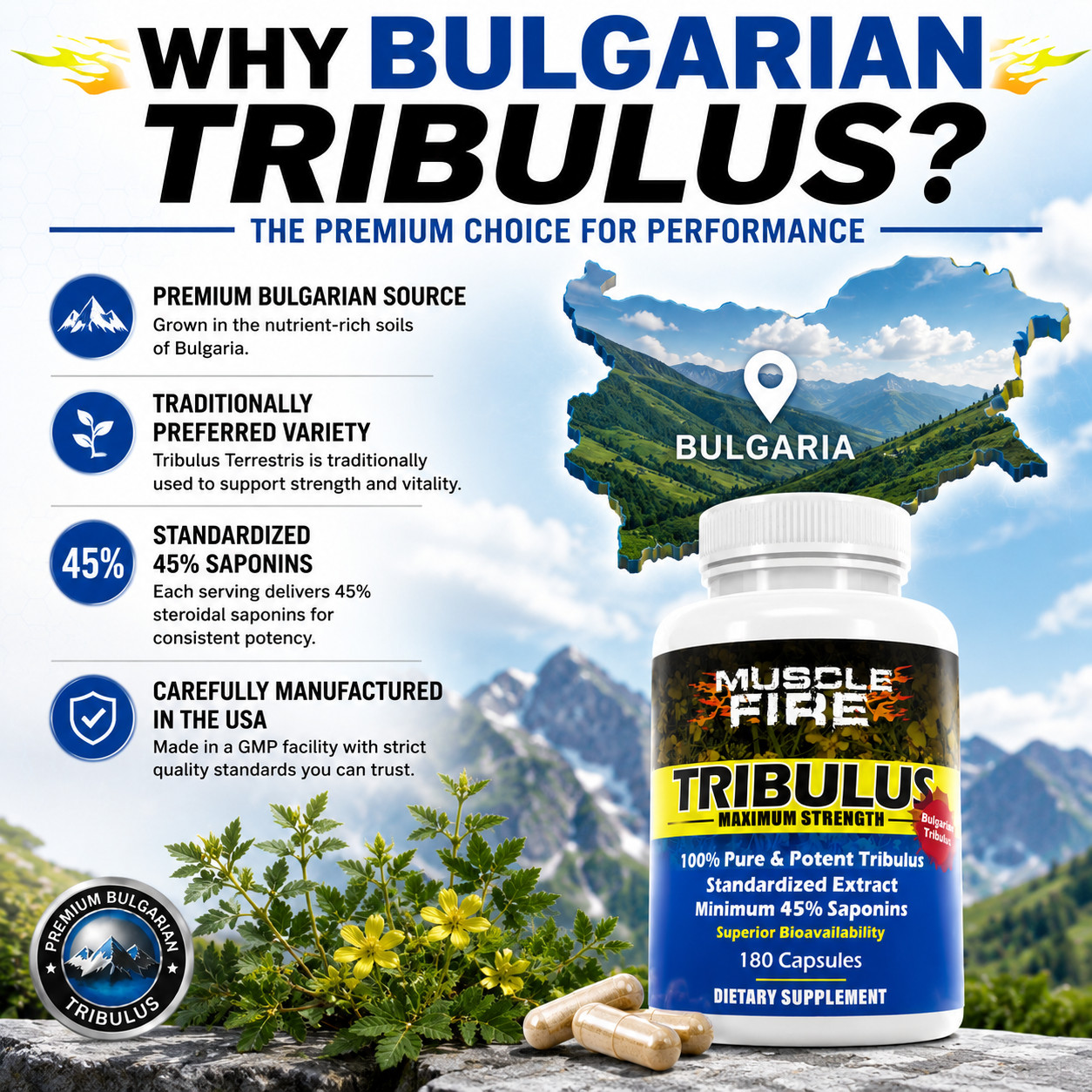 Bulgarian Tribulus Terrestris 180 Count 1500mg 45% Steroidal Saponins