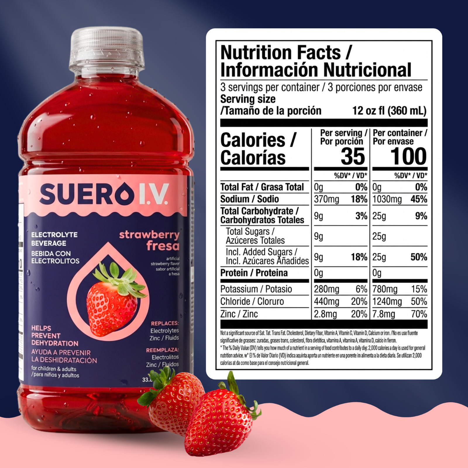 Suero I.V. Electrolyte Drink, Strawberry Flavor 33.8 fl oz – Hydrate (2-Pack)