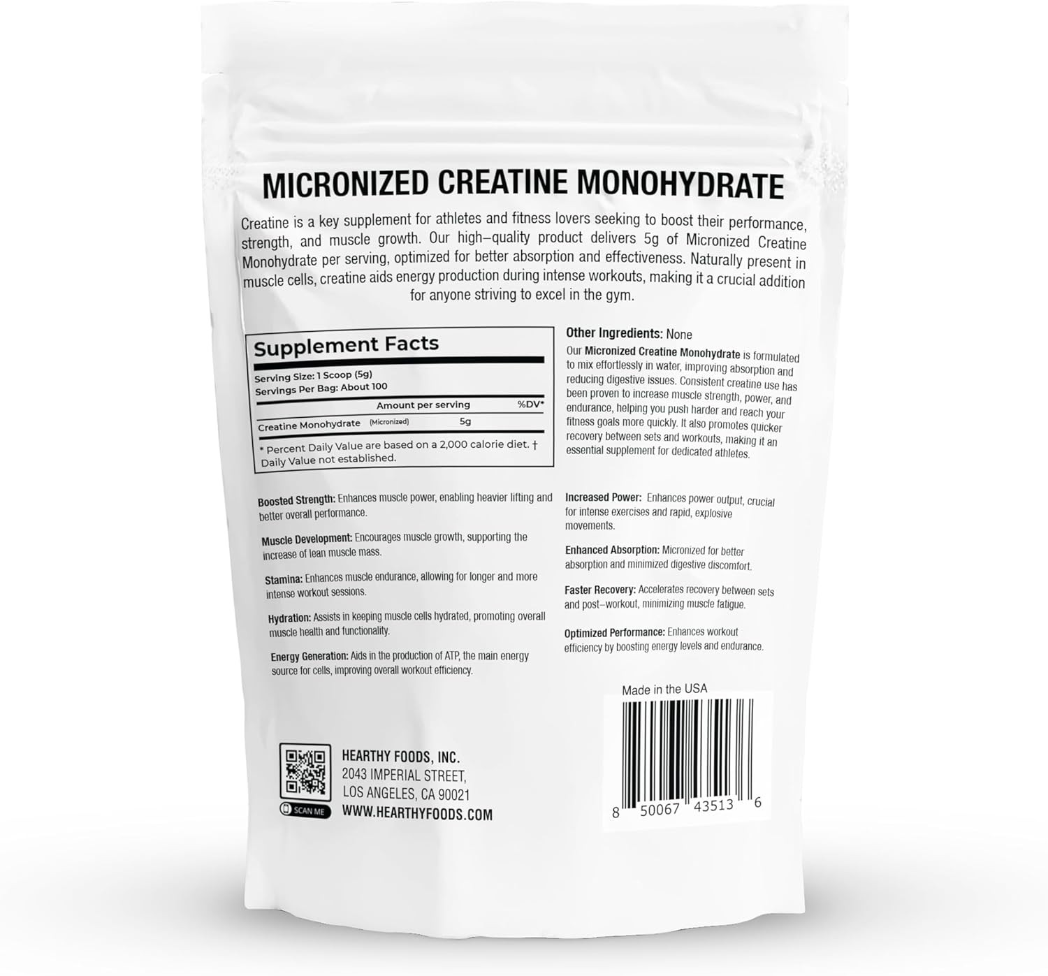 Creatine Monohydrate Micronized Powder 500G – 100 Servings, 5000Mg per Serving (