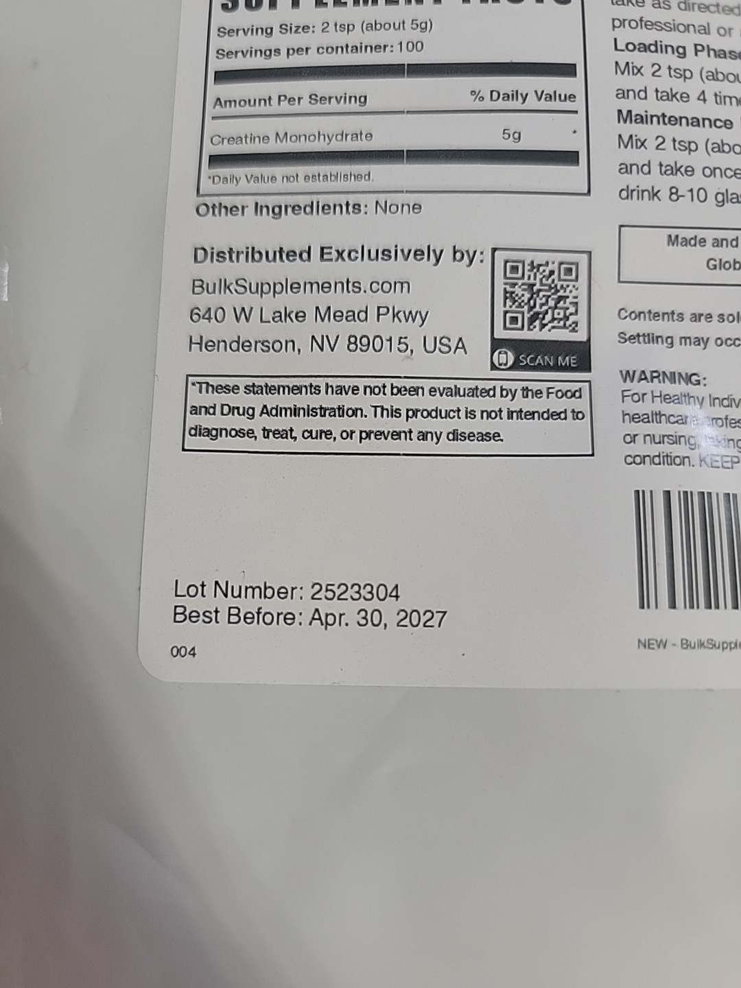 BulkSupplements Pure Micronized Creatine Monohydrate Powder 1.1 lbs 100 serving