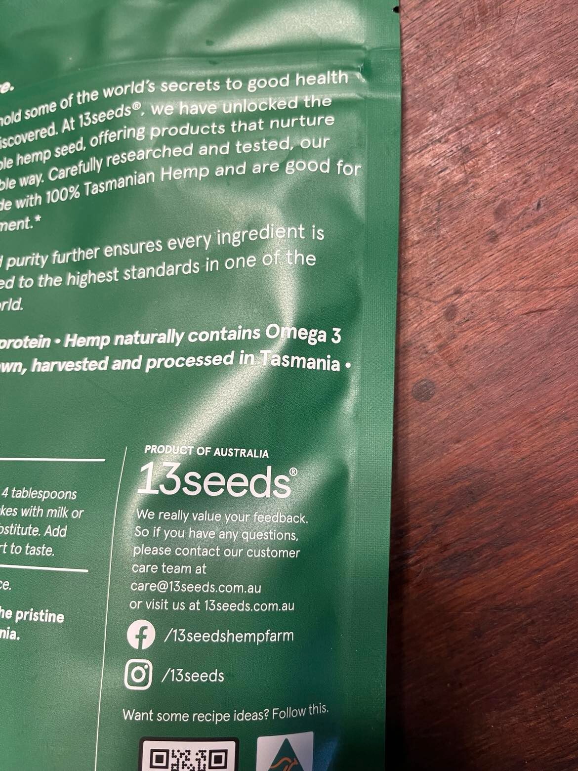 13 seeds Tasmanian hemp protein powder. Non GM, no chemicals, vegan. 7 servings