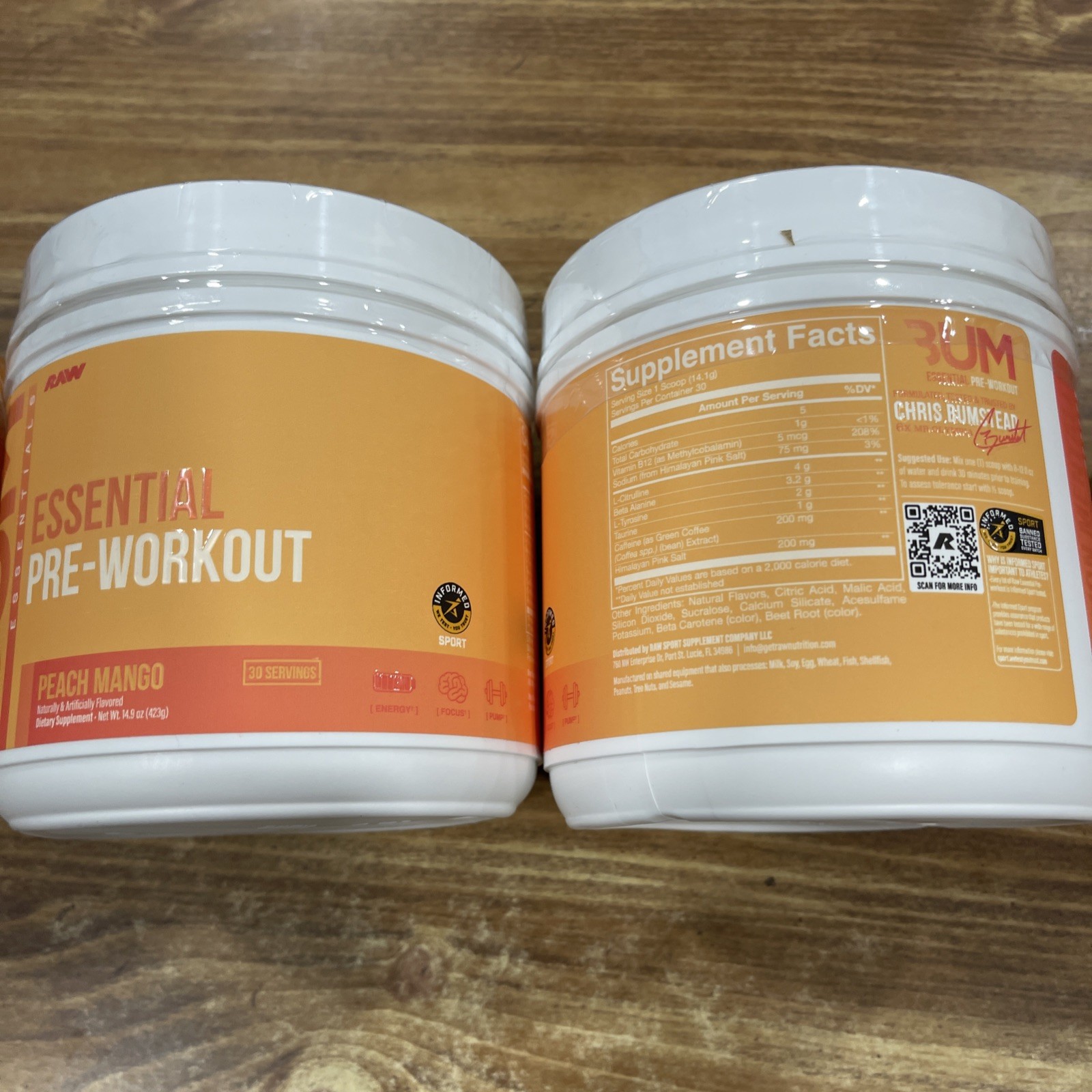 (2) RAW Essential Pre Workout Powder Peach Mango 30 Servings/423g X 2 Packs