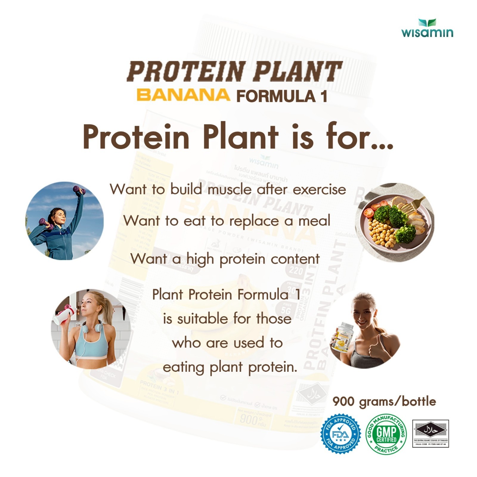 WISAMIN Plant Protein Powder Banana Flavor 900g | 30g Protein, Organic, Non GMO