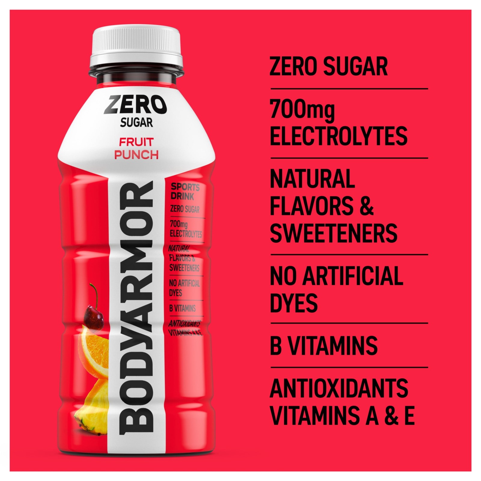 BODYARMOR Zero Sugar Fruit Punch Electrolyte Sports Drink, 16 fl oz Bottle