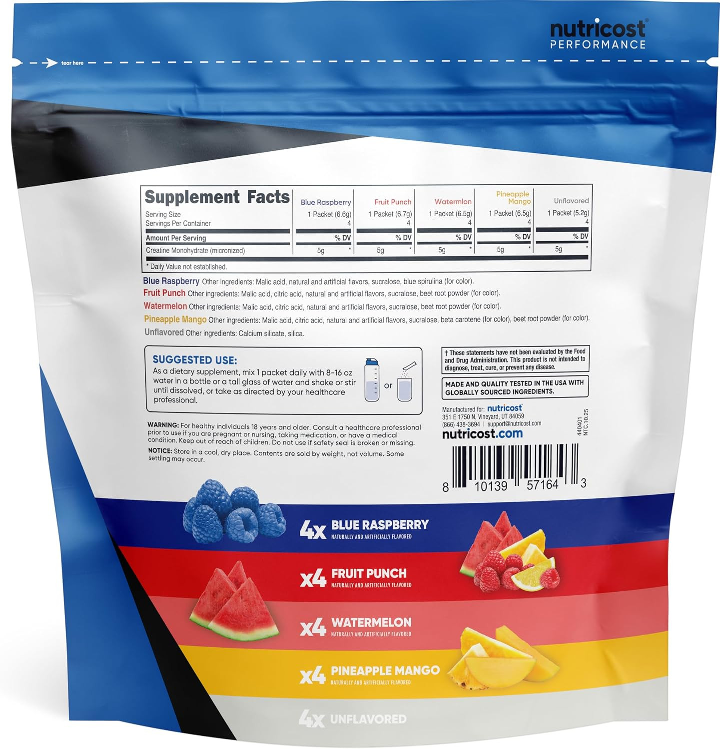 Creatine Monohydrate Powder Variety Stickpacks (5 Flavors, 20 Servings)