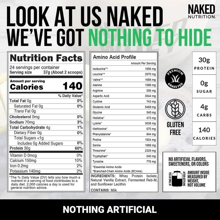 Naked Vanilla Whey Isolate Protein, Grass-Fed, 24 Servings