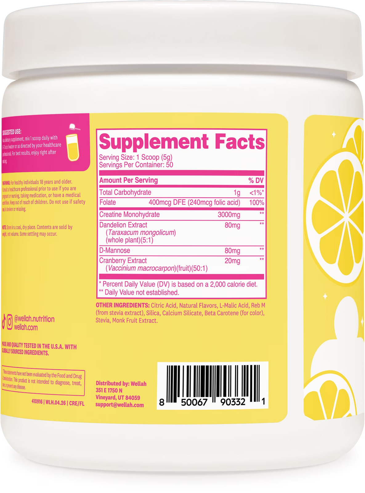 Wellah Creatine for Women (50 Servings, Frozen Lemonade) – Creatine Monohydrate