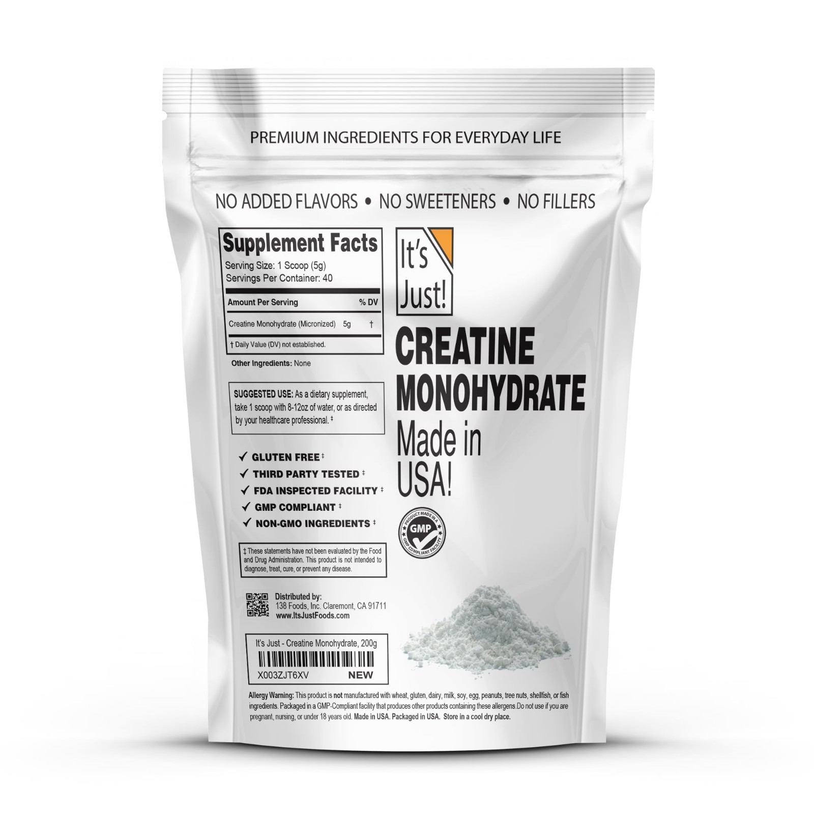 Pure Creatine Monohydrate Powder – Unflavored, 5g/Serving, 200g, Lab Tested