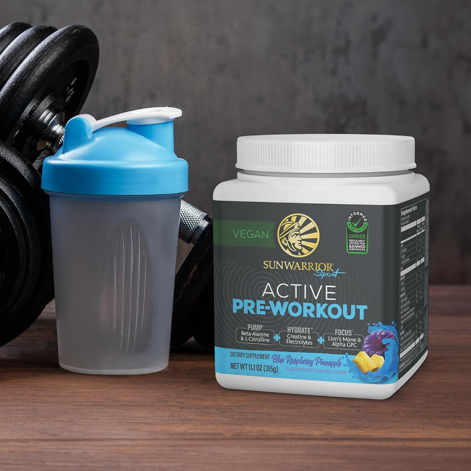 Sunwarrior Active Pre Workout Powder Blue Raspberry Pineapple 30 Servings Vegan.