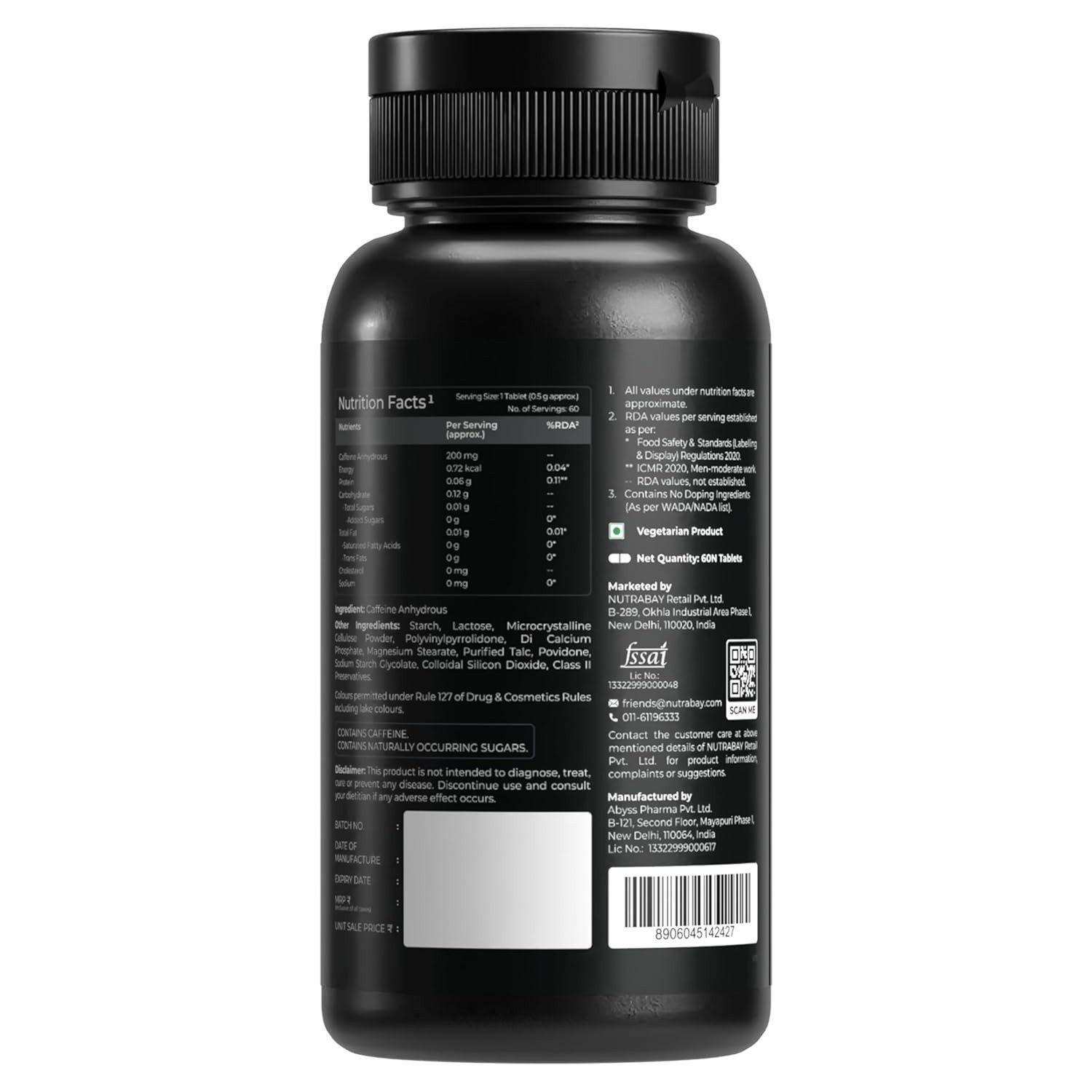 Potent Caffeine Veg Tablets | Natural Stimulant for Energy, Endurance & Focus