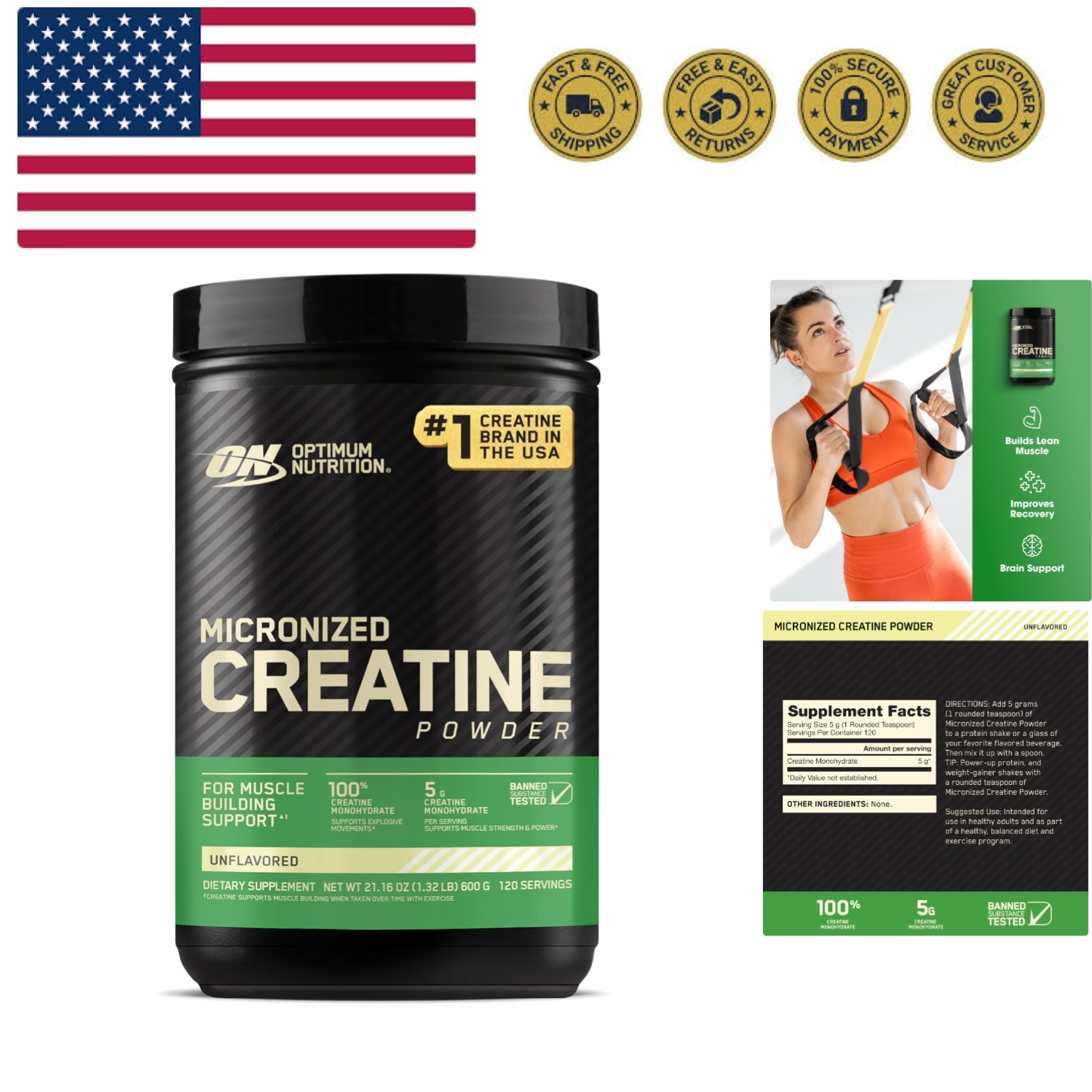 Micronized Creatine Monohydrate Powder, Unflavored, 120 Servings, 600 Grams P…