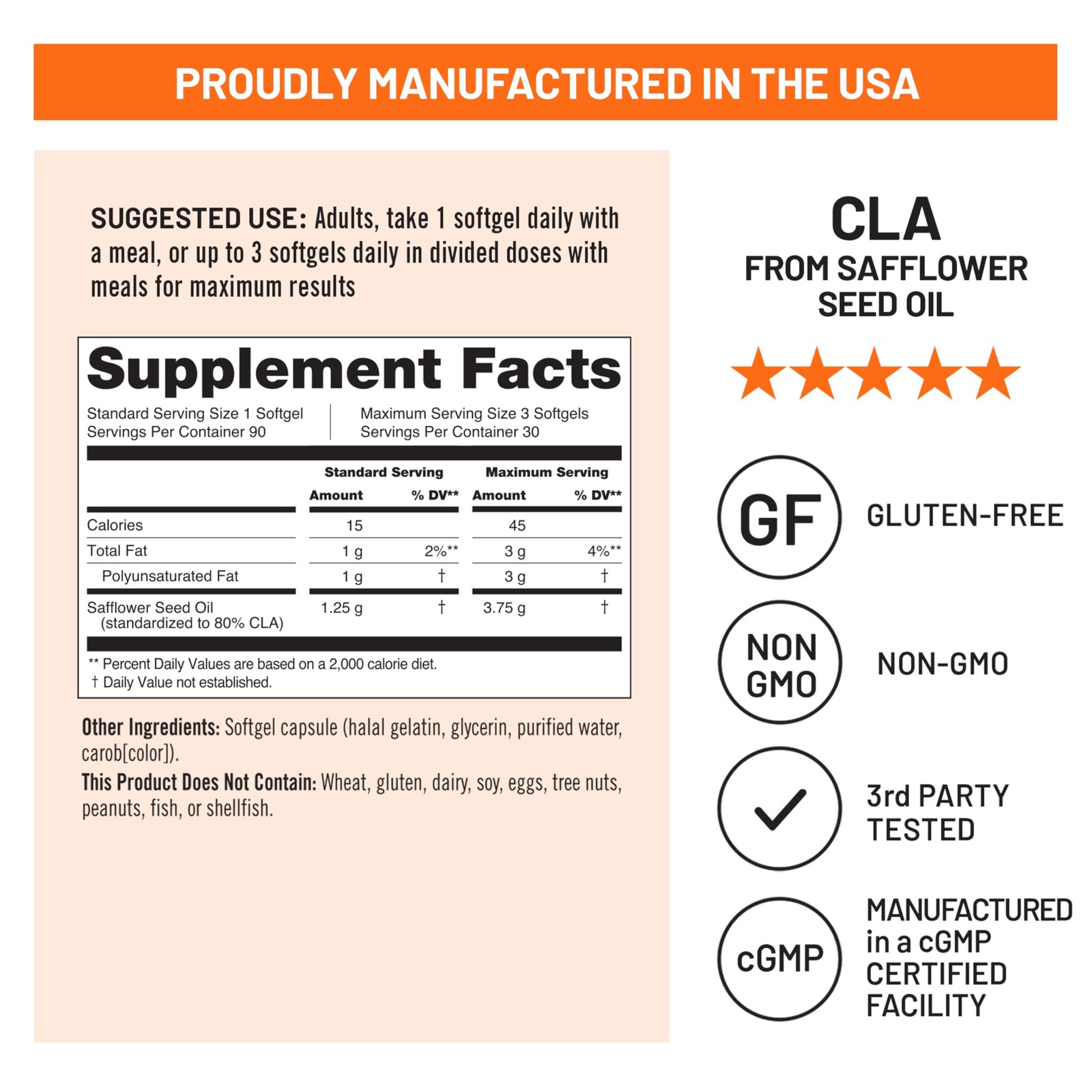 CLA 1250 Conjugated Linoleic Acid Supplement 90 Softgels Non-GMO Gluten Free