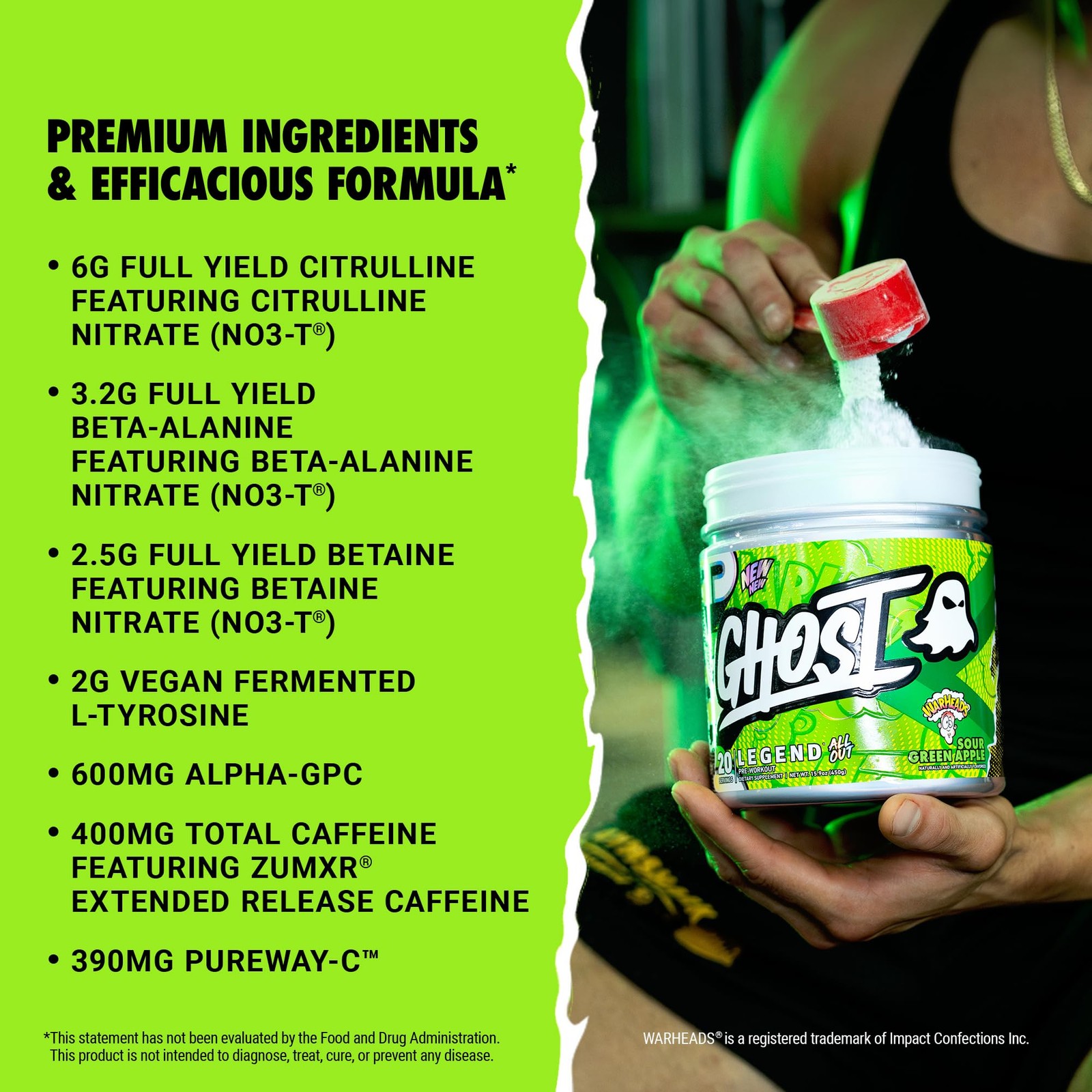 GHOST Legend All Out Pre Workout Powder Warheads Sour Green Apple 20 Servings