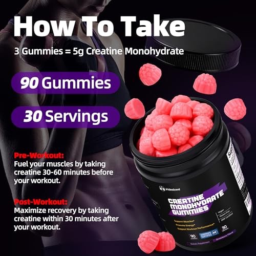 Creatine Gummies 5000mg 90 Count Sugar Free Vegan Strawberry
