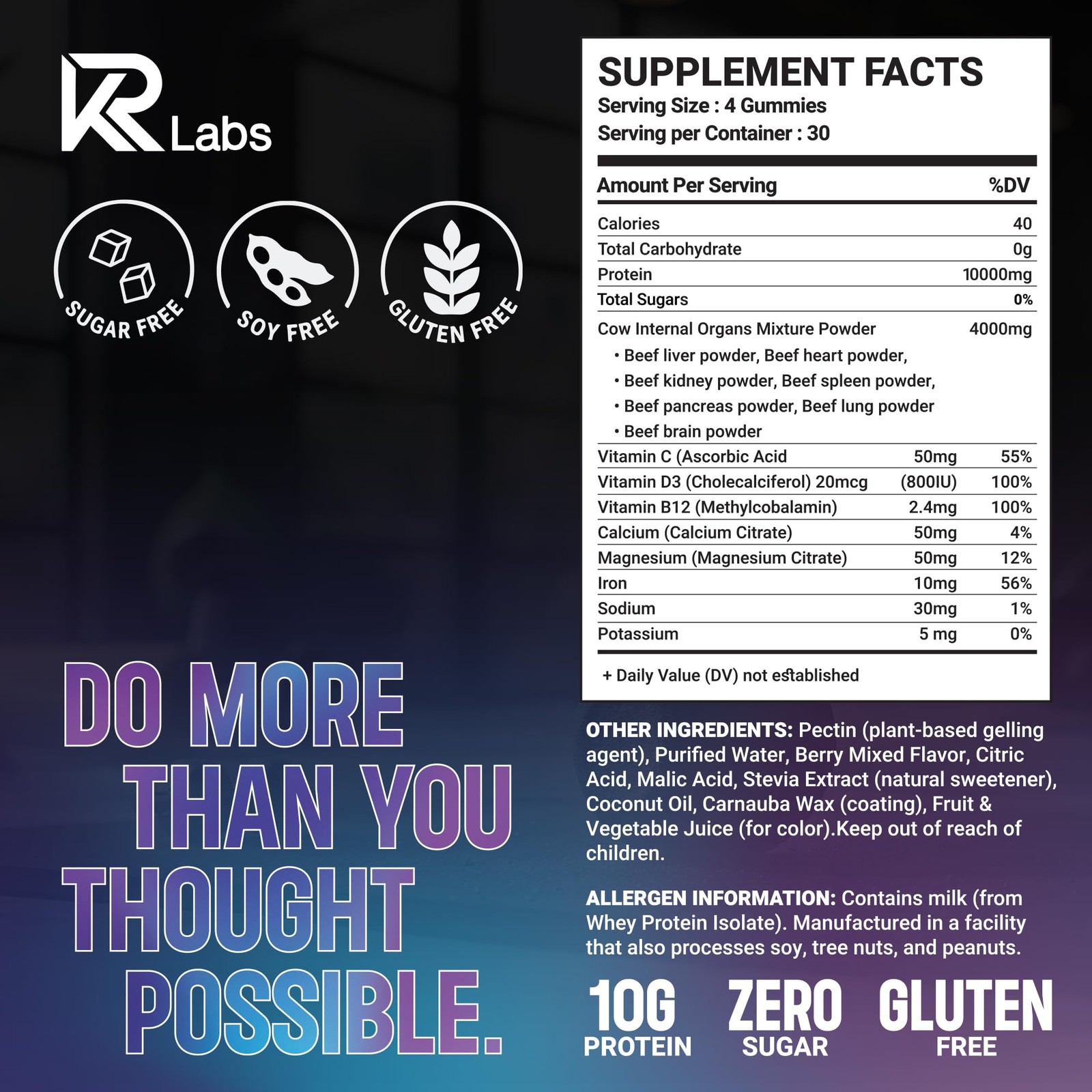 Kr Labs Zero Carb 100 Pure Whey Isolate Grass Fed Beef Total Per Bag For Men