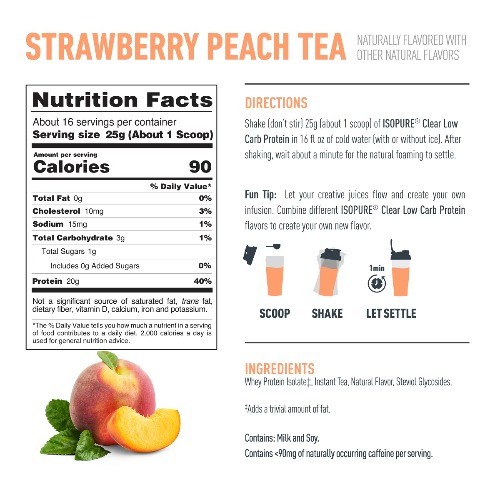 Isopure Clear 20g Protein Powder -Strawberry Peach Iced Tea:Whey Protein Isolate