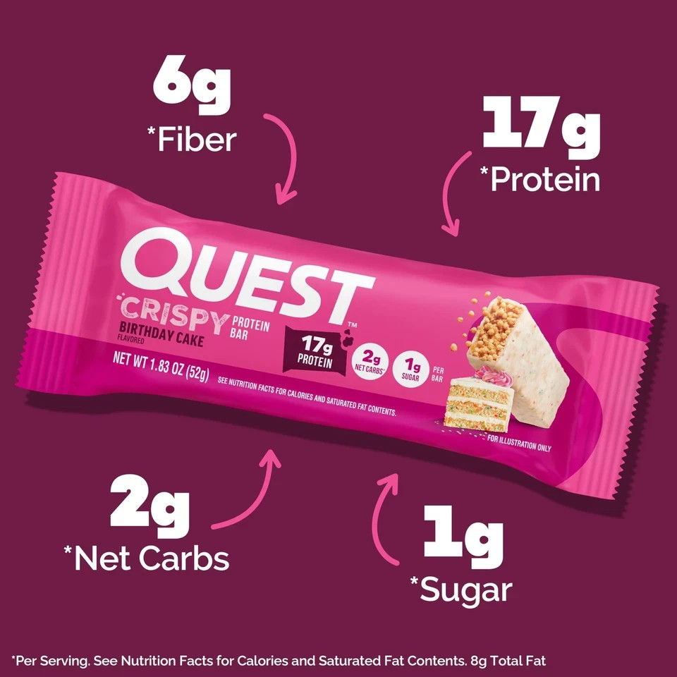 Quest Nutrition Crispy Birthday Cake Protein Bar, 17g Protein, 1g 12 Count