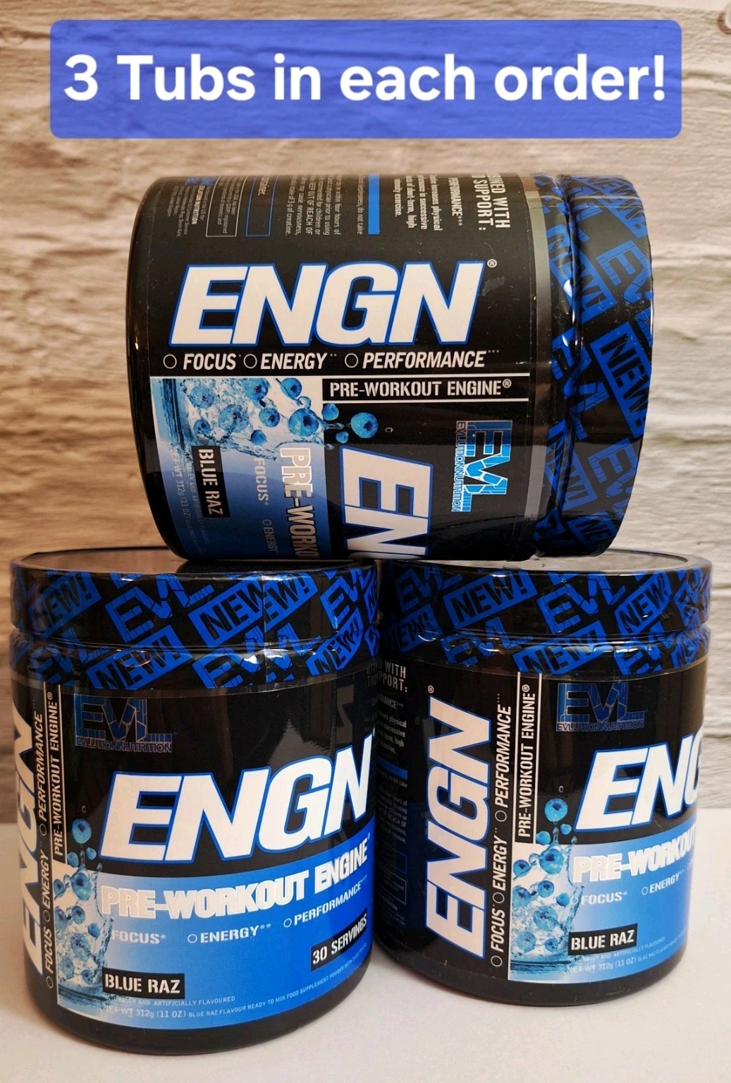 ENGN Pre-Workouts, 3 Tubs, Blue Raz, 90 Serv, 300mg caffeine, FREE EVL Shaker!