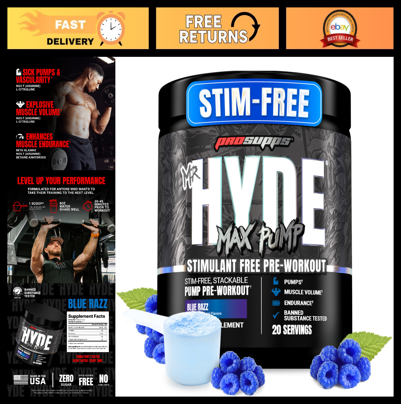 Stim-Free Pre Workout Powder, Blue Razz | Nitric Oxide Booster for Blood Flow, M