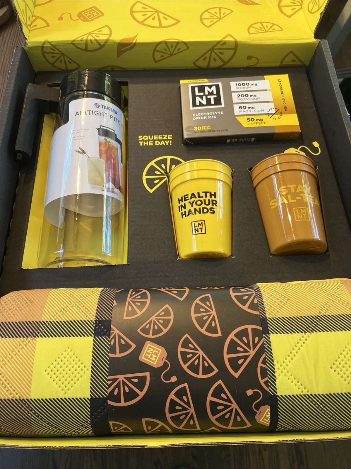 NIB – LMNT Lemonade + Iced Tea Kit: 2 Qt. Pitcher , Picnic Blanket, (4) Cups, &