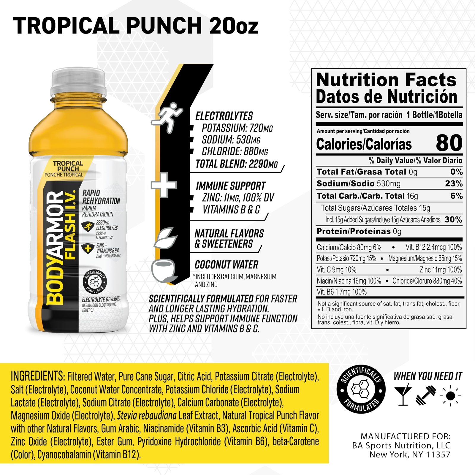 BodyArmor Flash IV Coconut Water Drink Pack of 12 Immunity Hydration 20 Oz