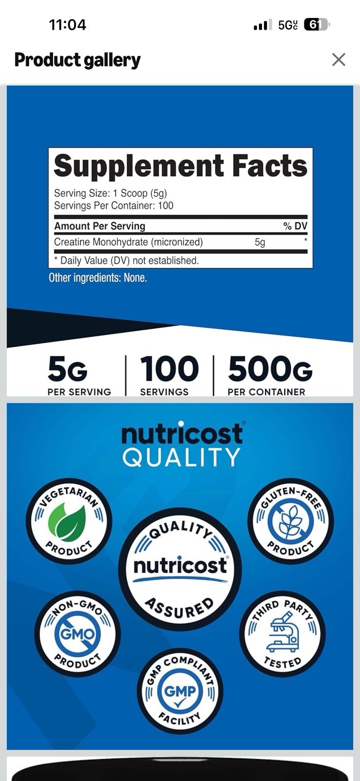 Nutricost Pure Creatine Monohydrate 500 Gram Powder Unflavored Exp 04/2029