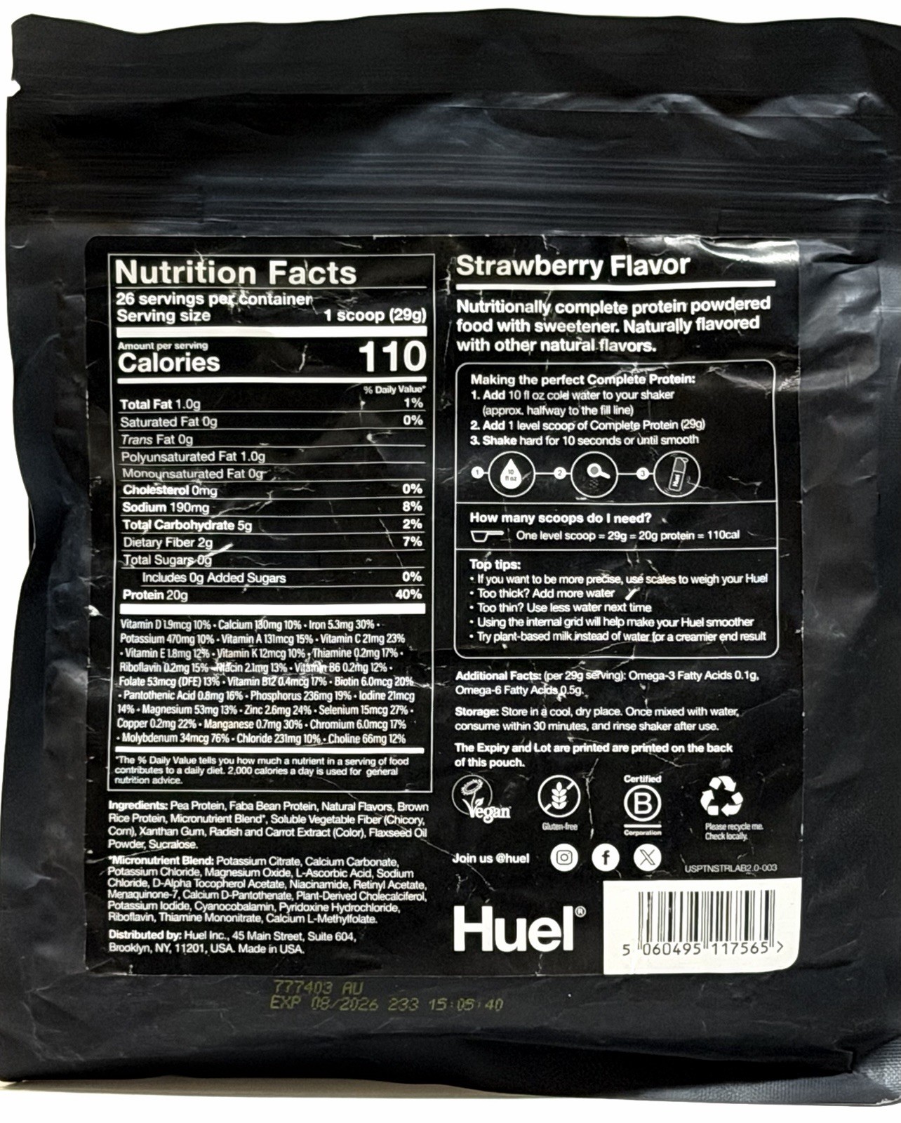 Huel Complete Protein Strawberry Vegan Protein Powder 20g 26 Servings Exp 08/26