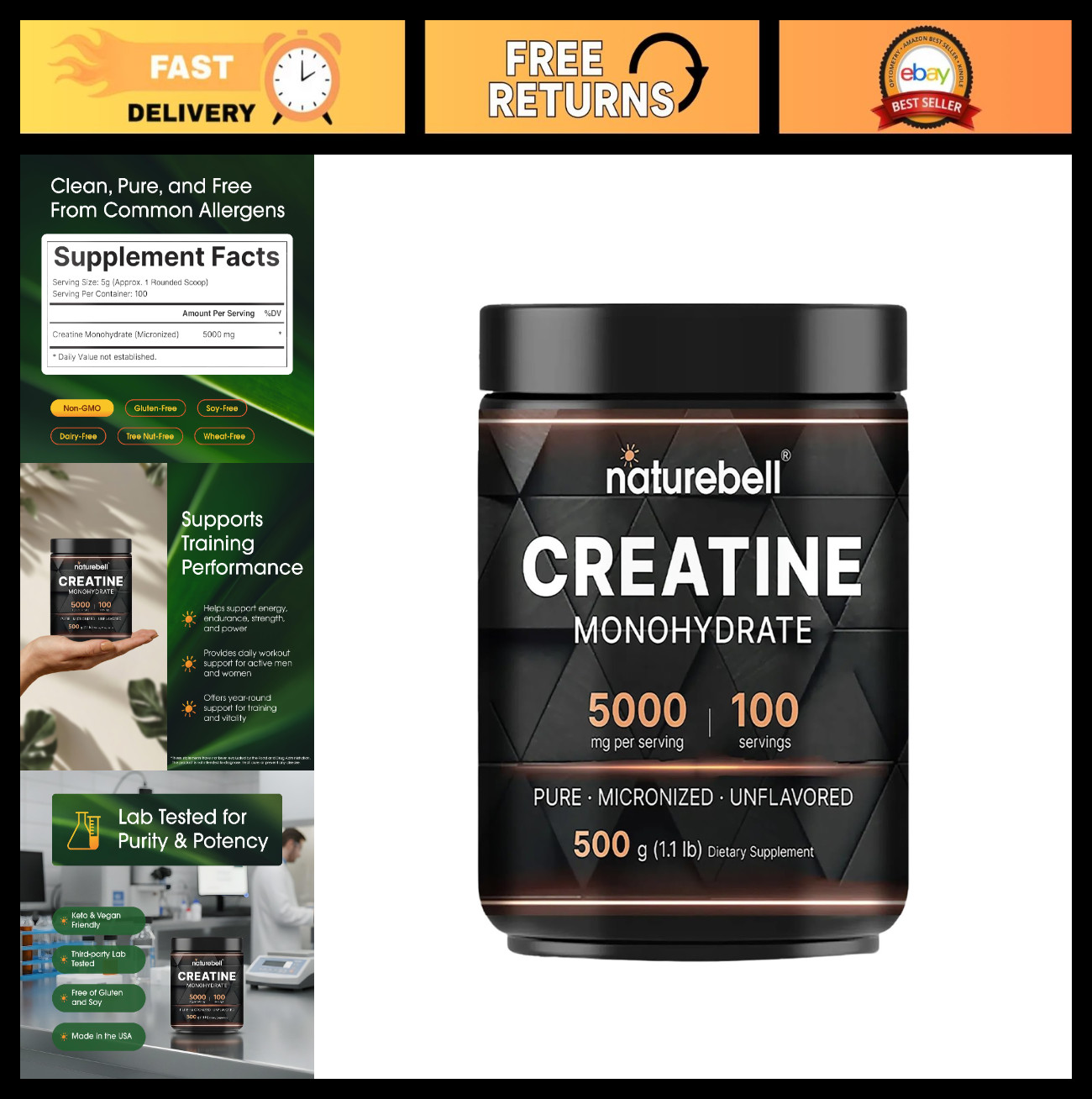 Micronized Creatine Monohydrate Powder 500g – 5000mg Unflavored – Vegan, Keto, E