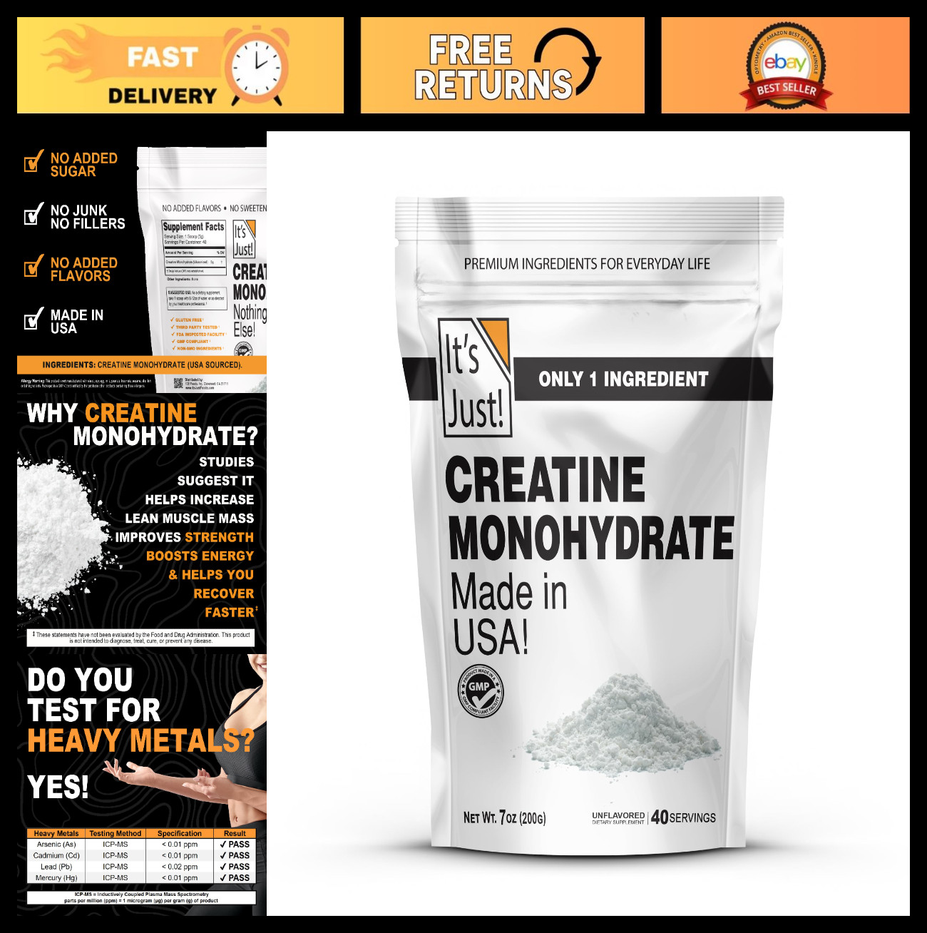 Pure Creatine Monohydrate Powder – Unflavored, 5g/Serving, 200g, Lab Tested
