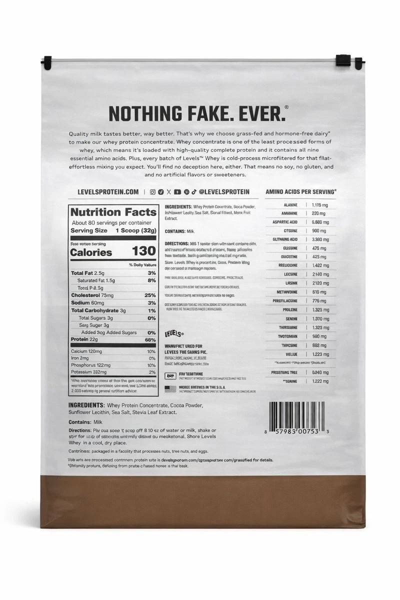 Levels Whey Protein Double Chocolate Grass Fed Whey Protein 5.64 LB, 80 Servings