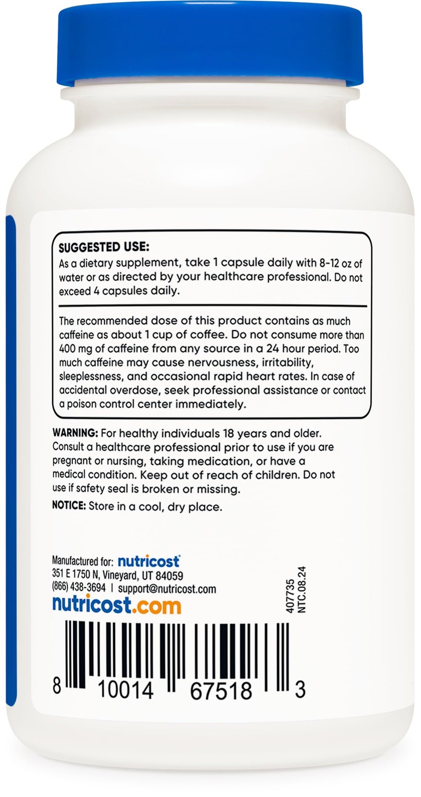 Nutricost Caffeine Pills 100mg Per Serving, 250 Capsules