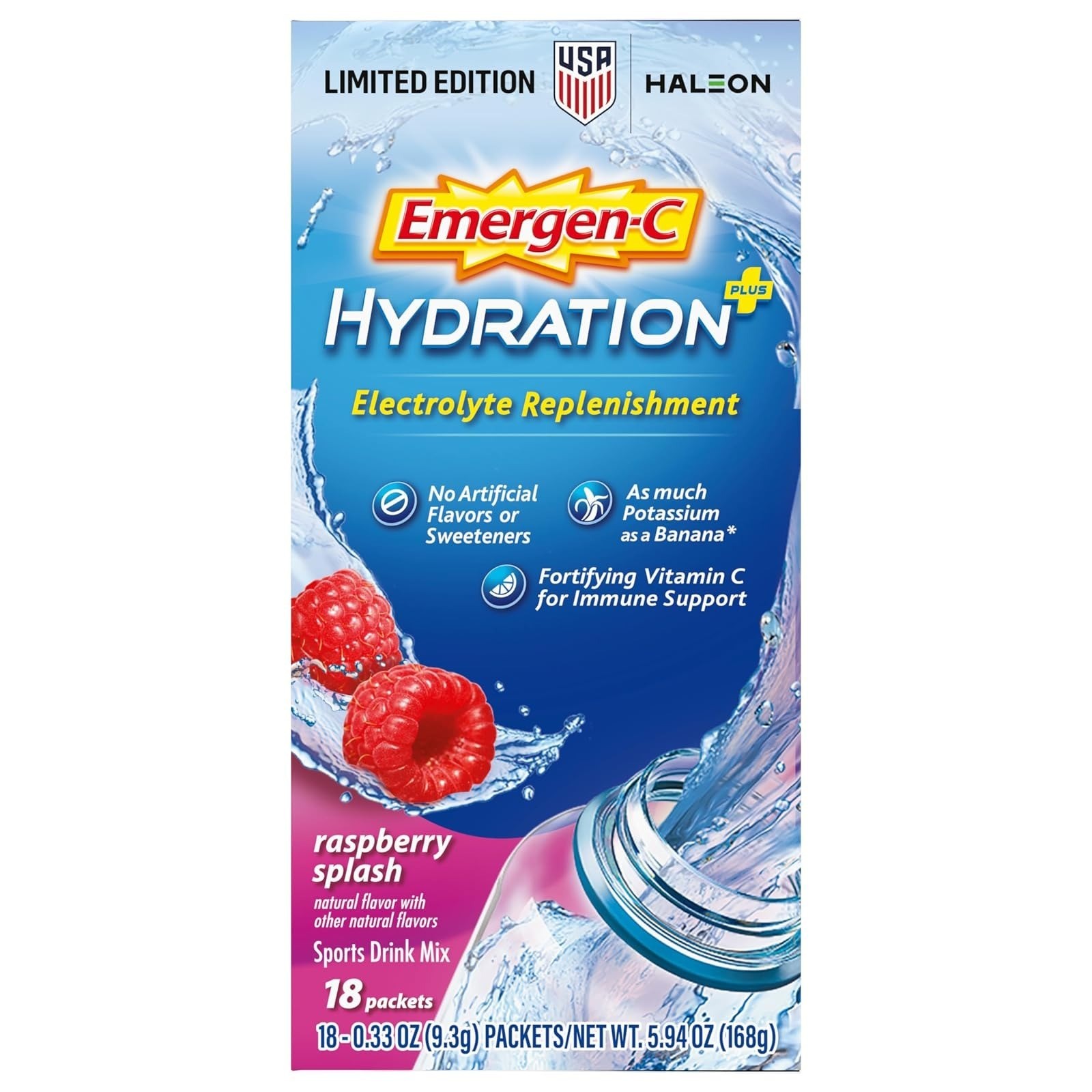 Emergen-C Hydration+ Vitamin C Sports Drink Mix, Raspberry, 18 Packets