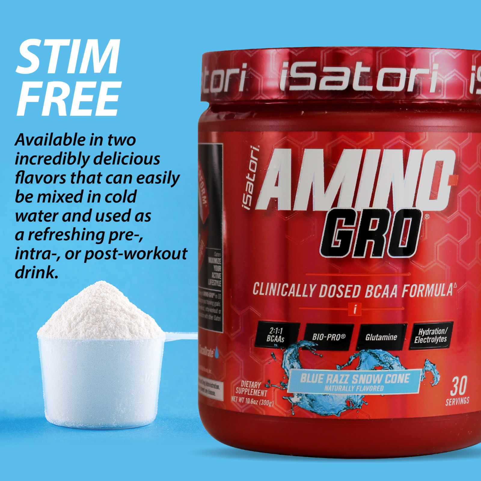 iSatori AMINO-GRO – BCAA’s with Glutamine and Bio-Active Peptides – Blue Razz