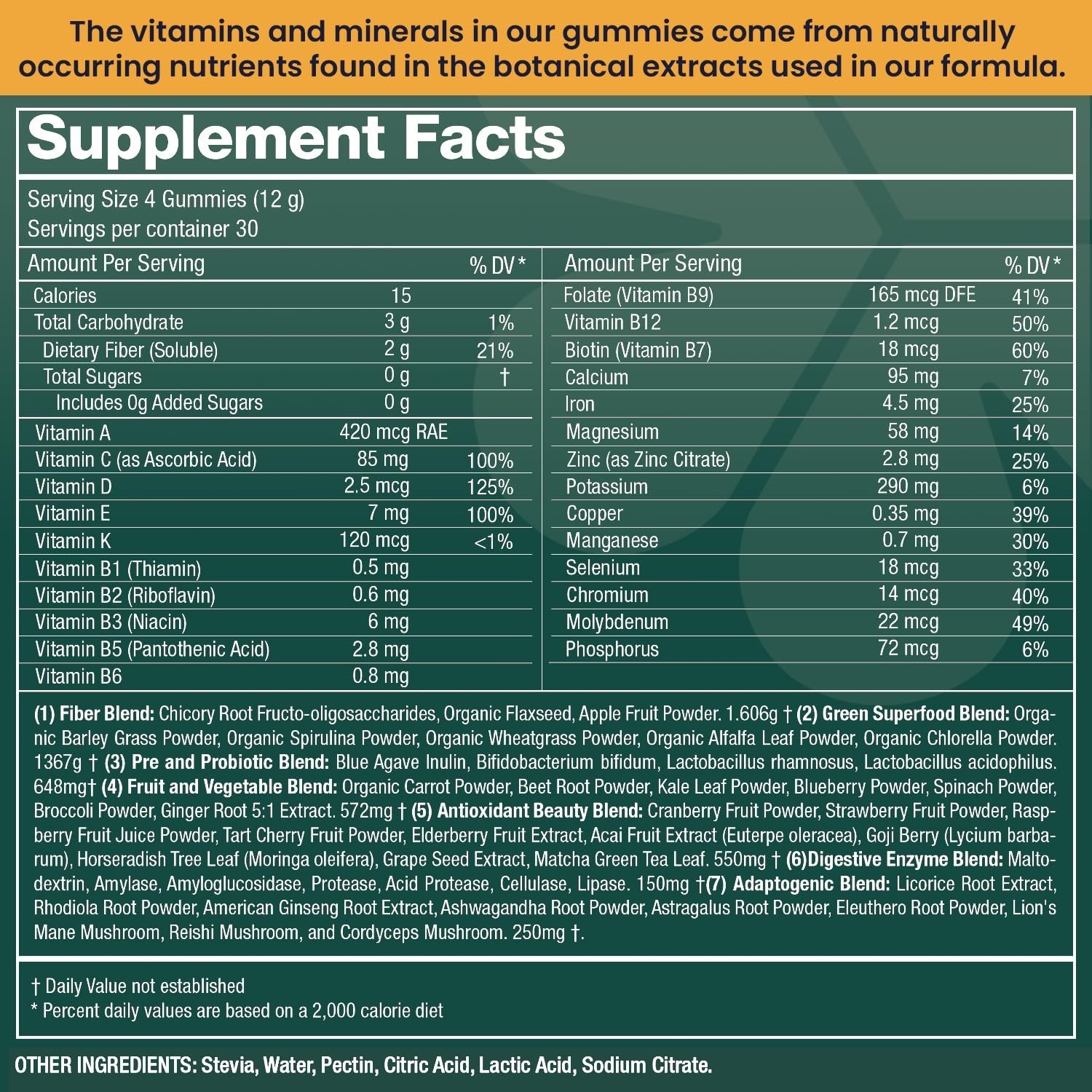 Natural Supergreens Multivitamin Gummies, Adaptogens, Pre & Probiotics, Fiber…