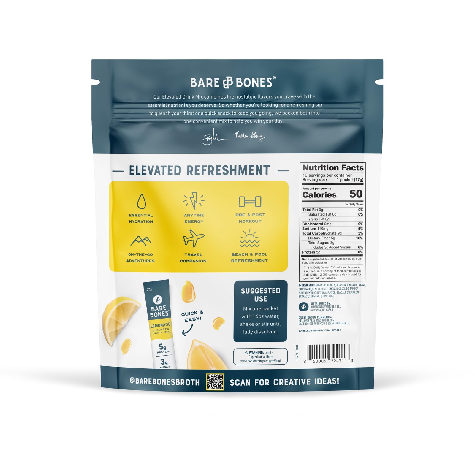 Bare Bones Lemonade Collagen Peptides Powder Drink Mix Packets | 5g Protein