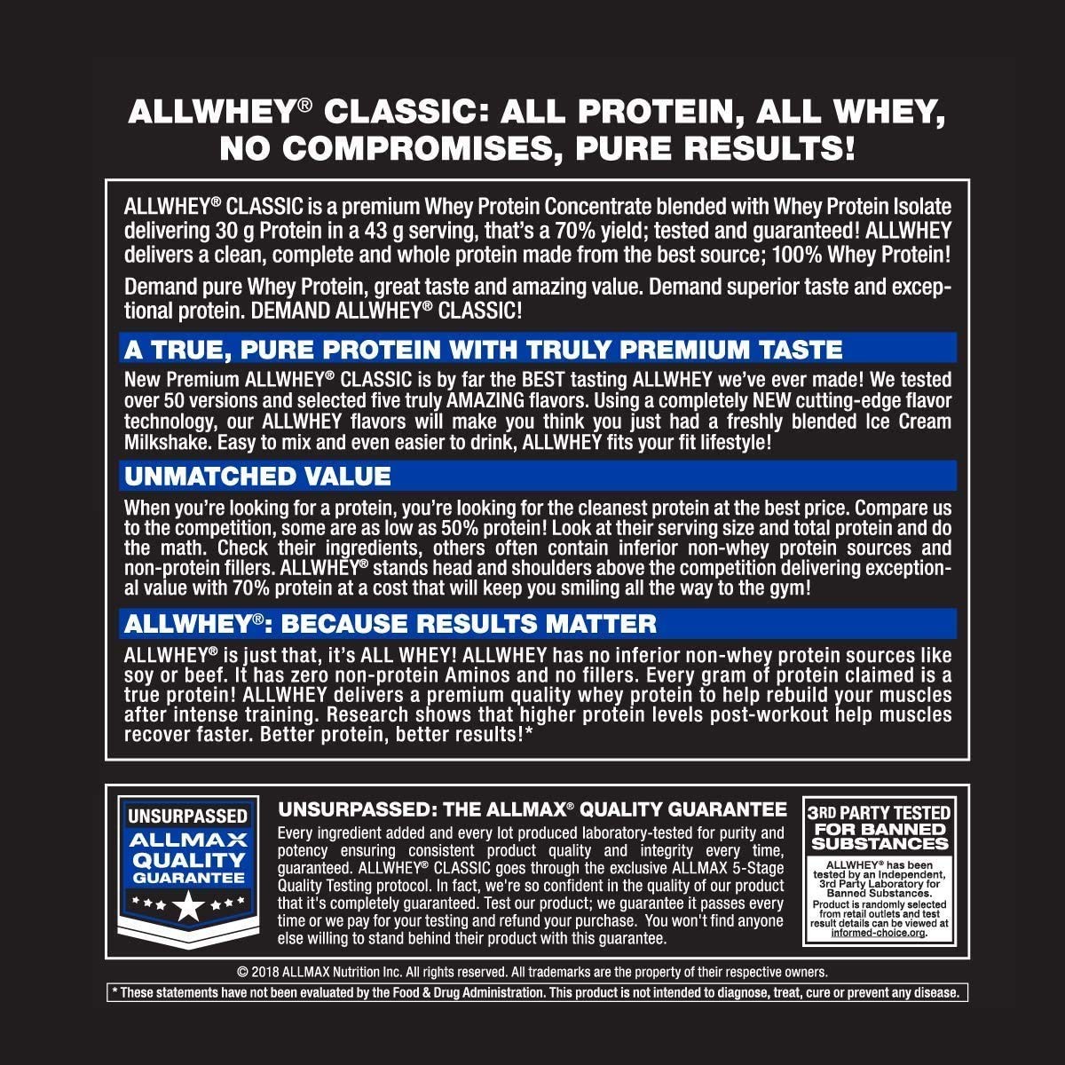 ALLMAX Classic ALLWHEY Protein Supplement Powder 5 Pound Gluten Free Kosher