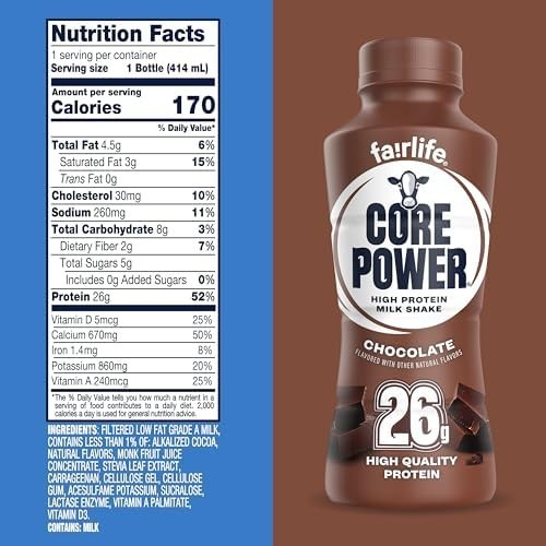 Core Power Protein Shake, Chocolate, 26g Bottle, 14oz, 12 Pack BB 8/10/2026