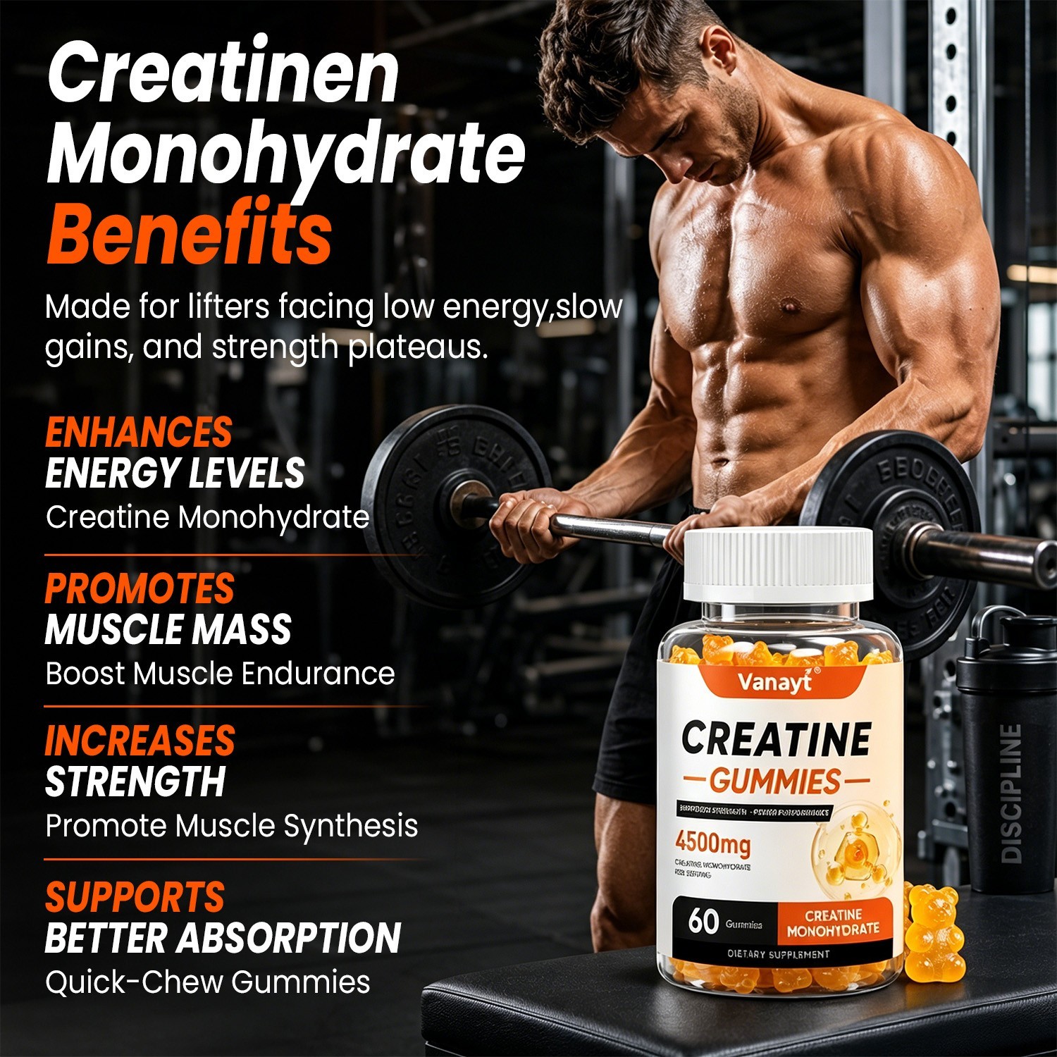 4500mg Creatine Monohydrate Gummies Workout Performance Muscle Recovery 60 Gummy