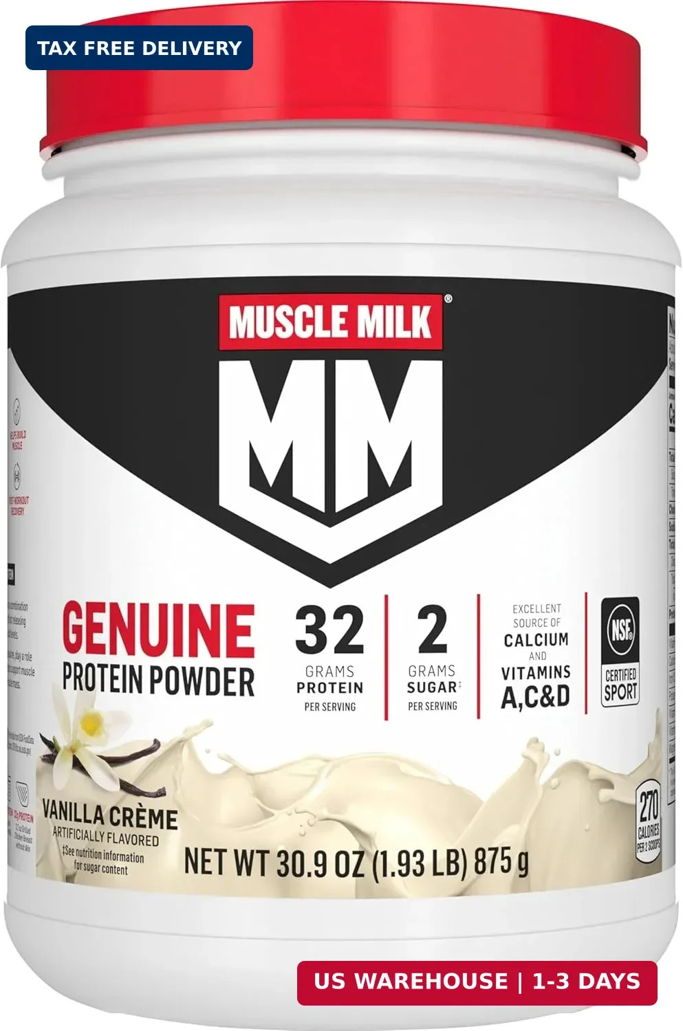 Muscle Milk Genuine Protein Powder, Vanilla Crème, 1.93 Pounds, 12 Servings, 32g