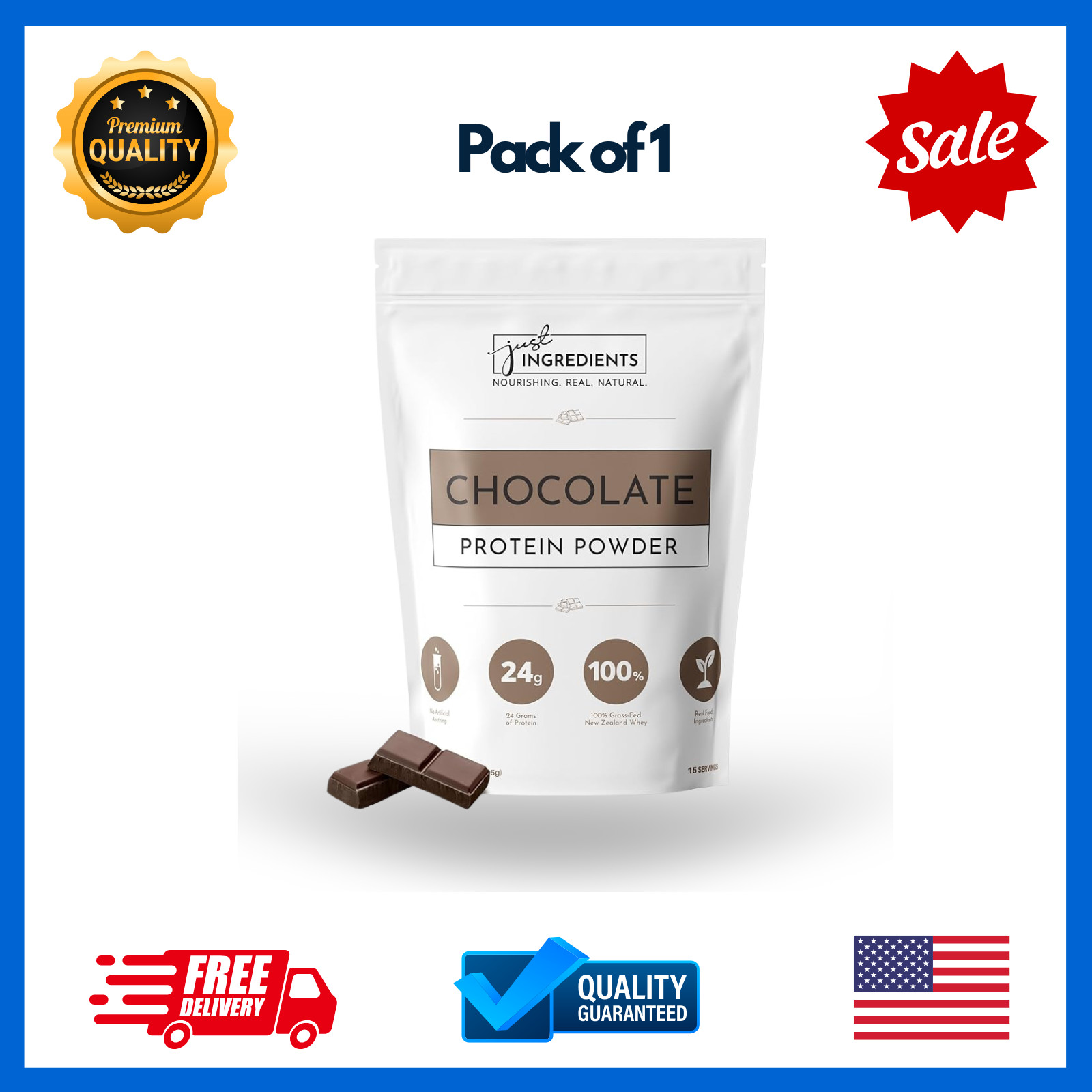 JUST Ingredients Protein Powder Chocolate – Grass-Fed Whey, 15 Servings, 24g
