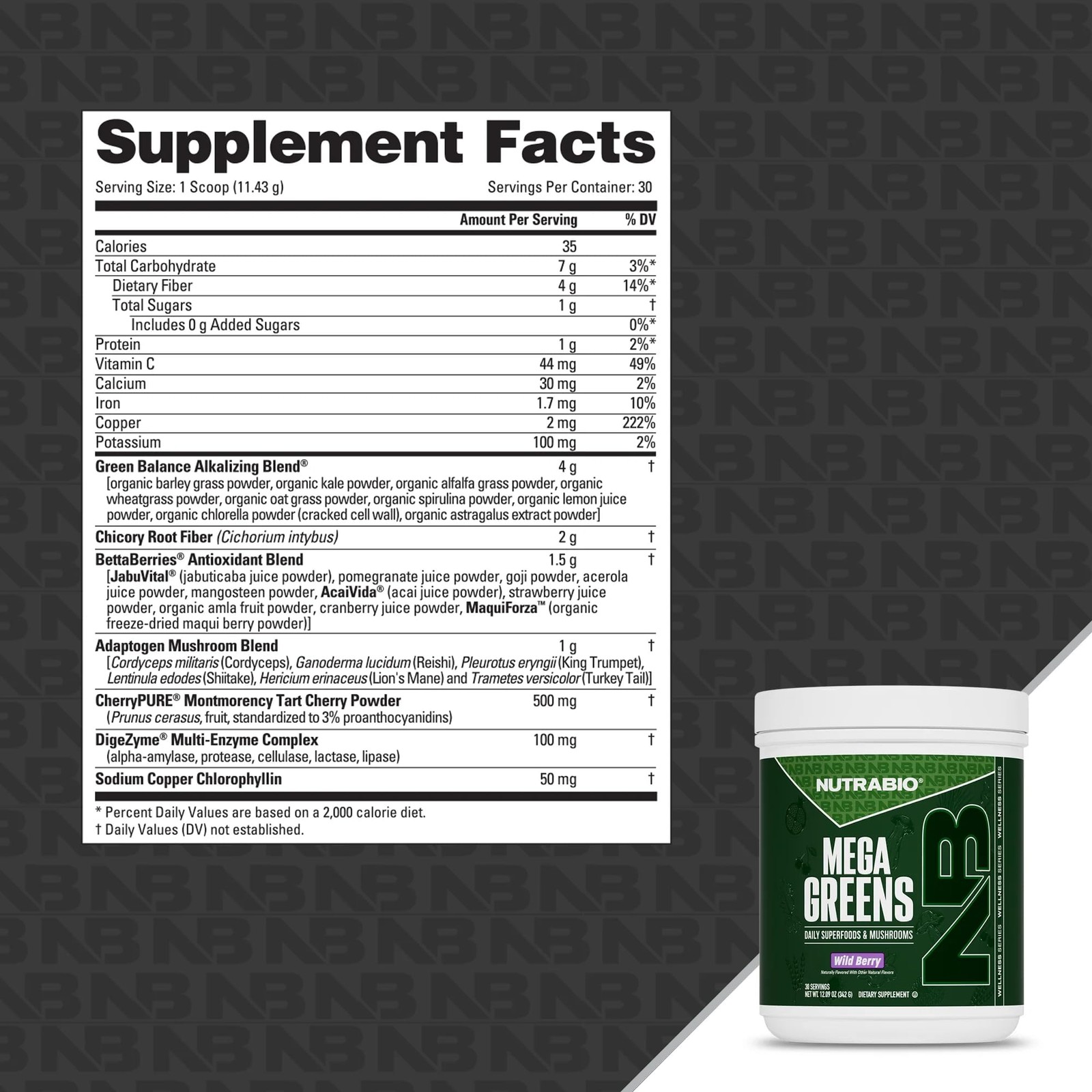 NutraBio Mega Greens Super Greens Powder Wild Berry 30 Servings
