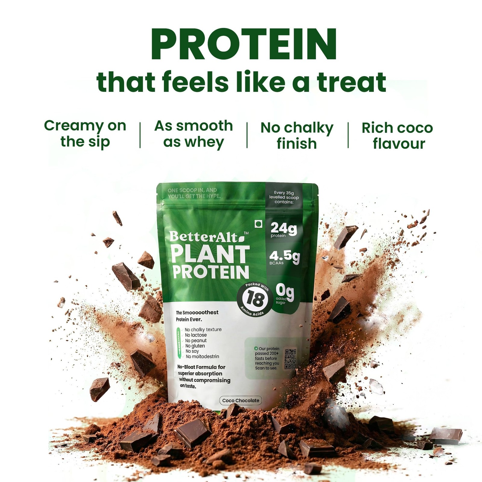 BetterAlt Plant Protein Powder 500g | 24g Protein | Vegan, Gluten Free, Cocoa