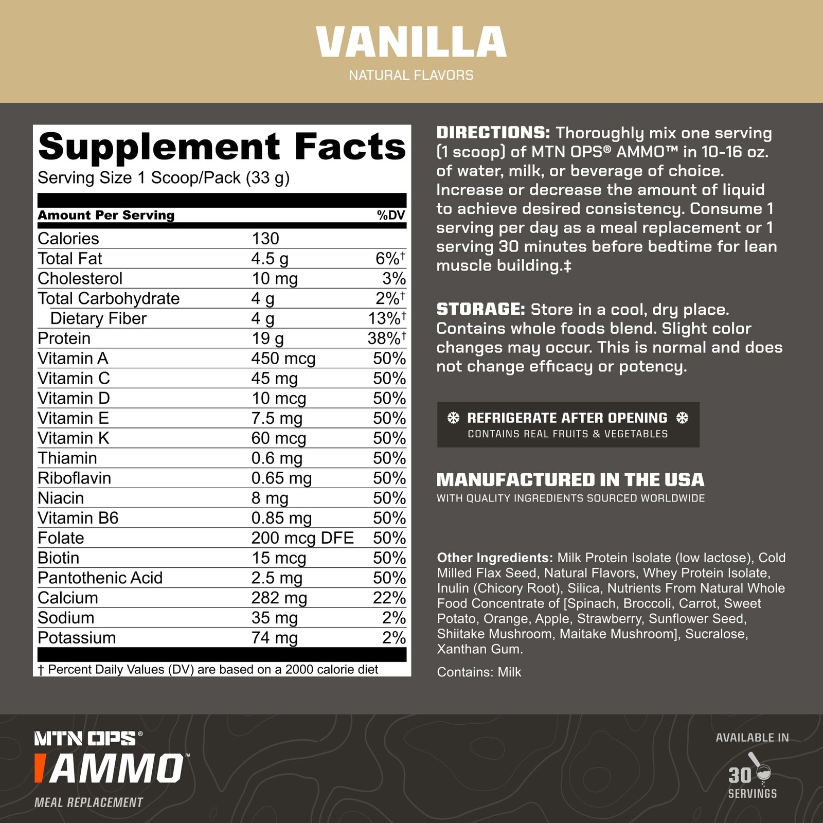 Mtn Ops Ammo Meal Replacement Shake Powder 19G Protein 10G Flaxseed 4.5G Whole