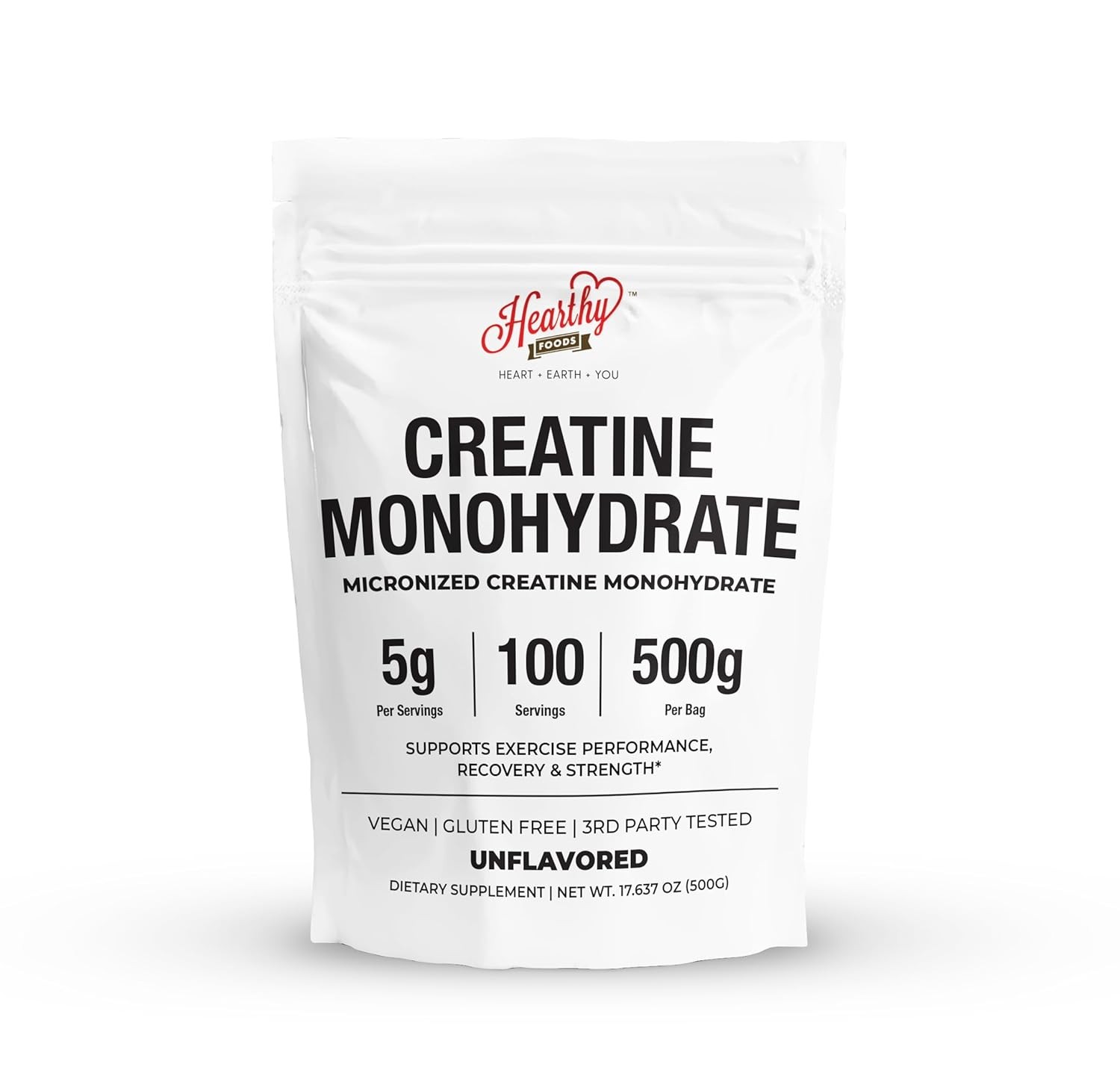 HEARTHY FOODS Creatine Monohydrate Micronized Powder 500G – 100 Servings, 5000mg