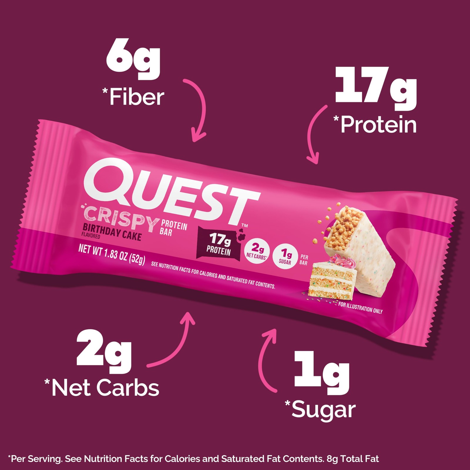 Quest Nutrition Crispy Birthday Cake Protein Bar, 17g Protein, 1g 12 Count