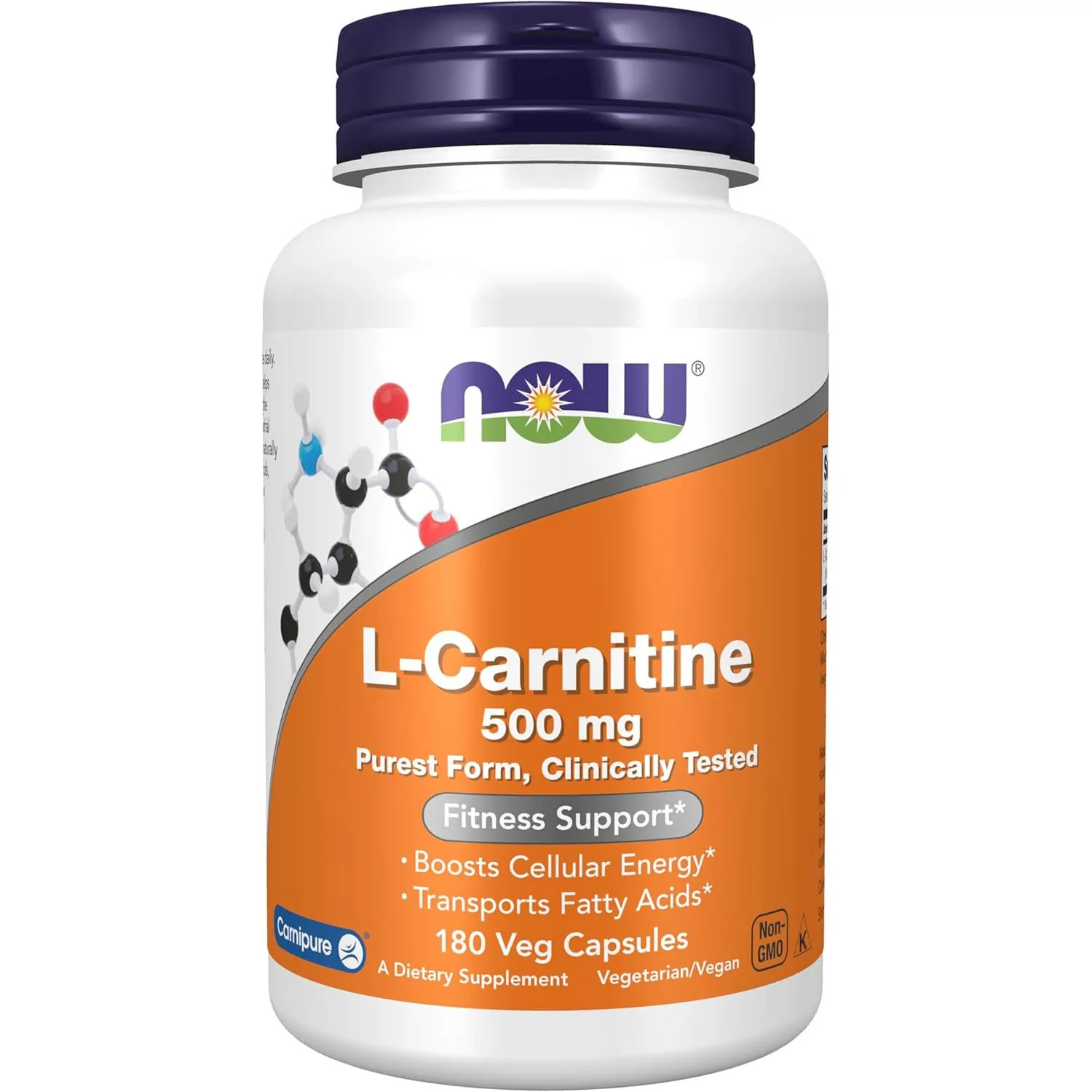 NOW Foods L-Carnitine 500 mg, Purest Form, Fitness Support*, 180 Veg Capsules