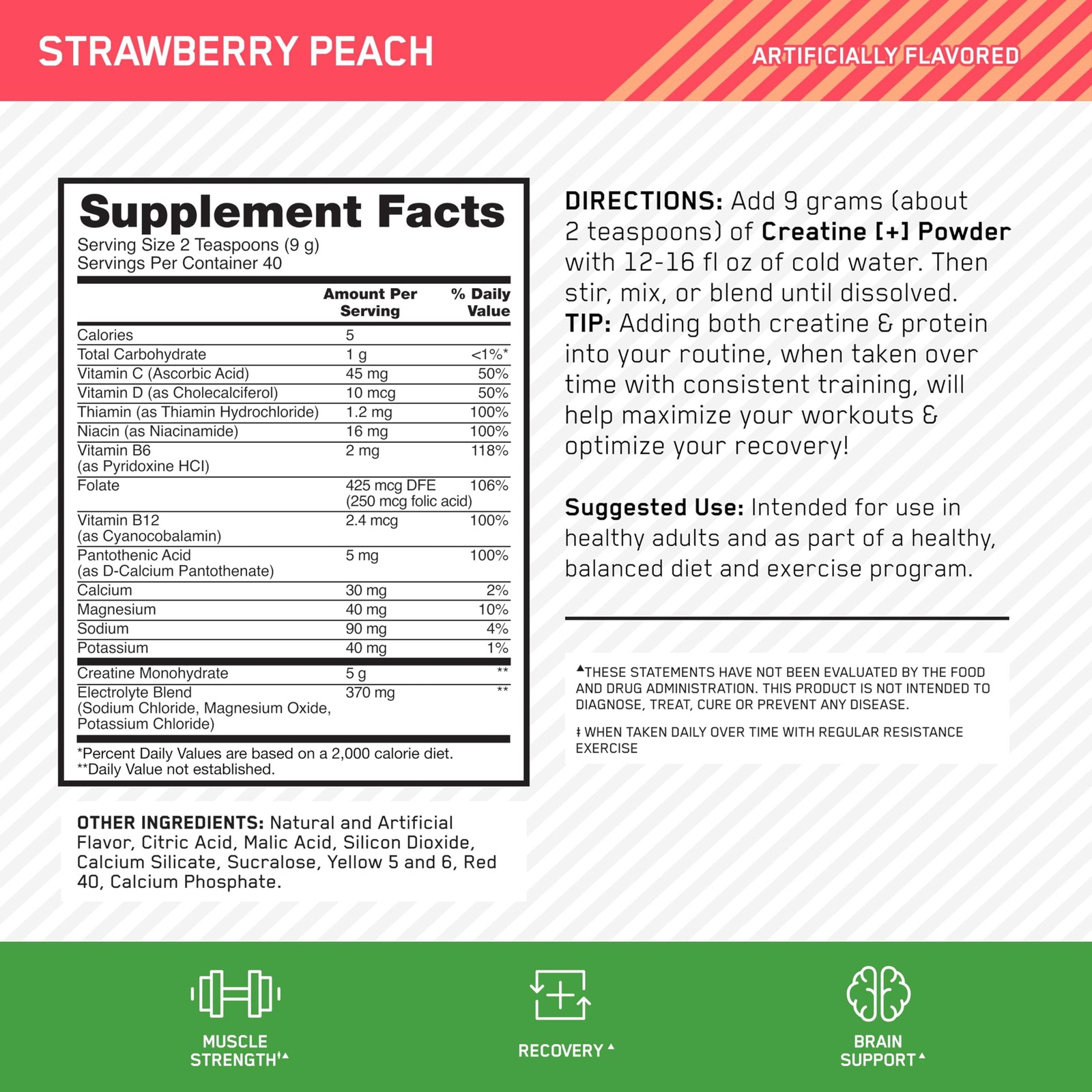 Optimum Nutrition Creatine Monohydrate plus Powder, Strawberry Peach Flavored Cr