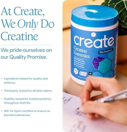 Create Creatine Gummies 1.5g Focus Strength Endurance Vegan Blue Raspberry 90ct