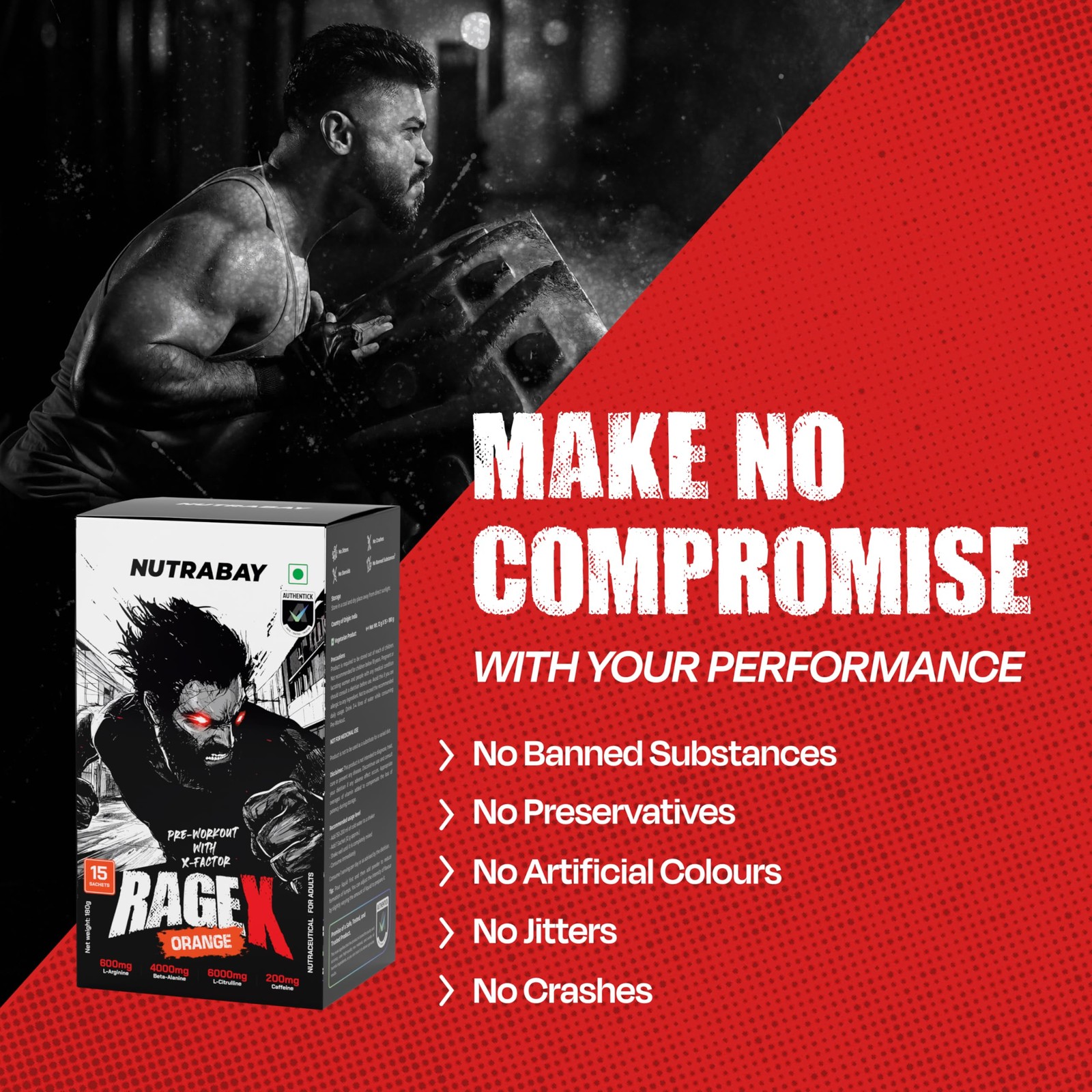 Nutrabay RageX Pre Workout 180g Orange – 15 Sachets, 200mg Caffeine, Pump