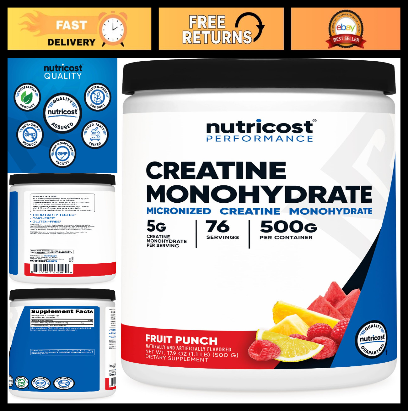 Creatine Monohydrate Powder – Fruit Punch Flavor, 500g – Muscle Gain & Energy Bo